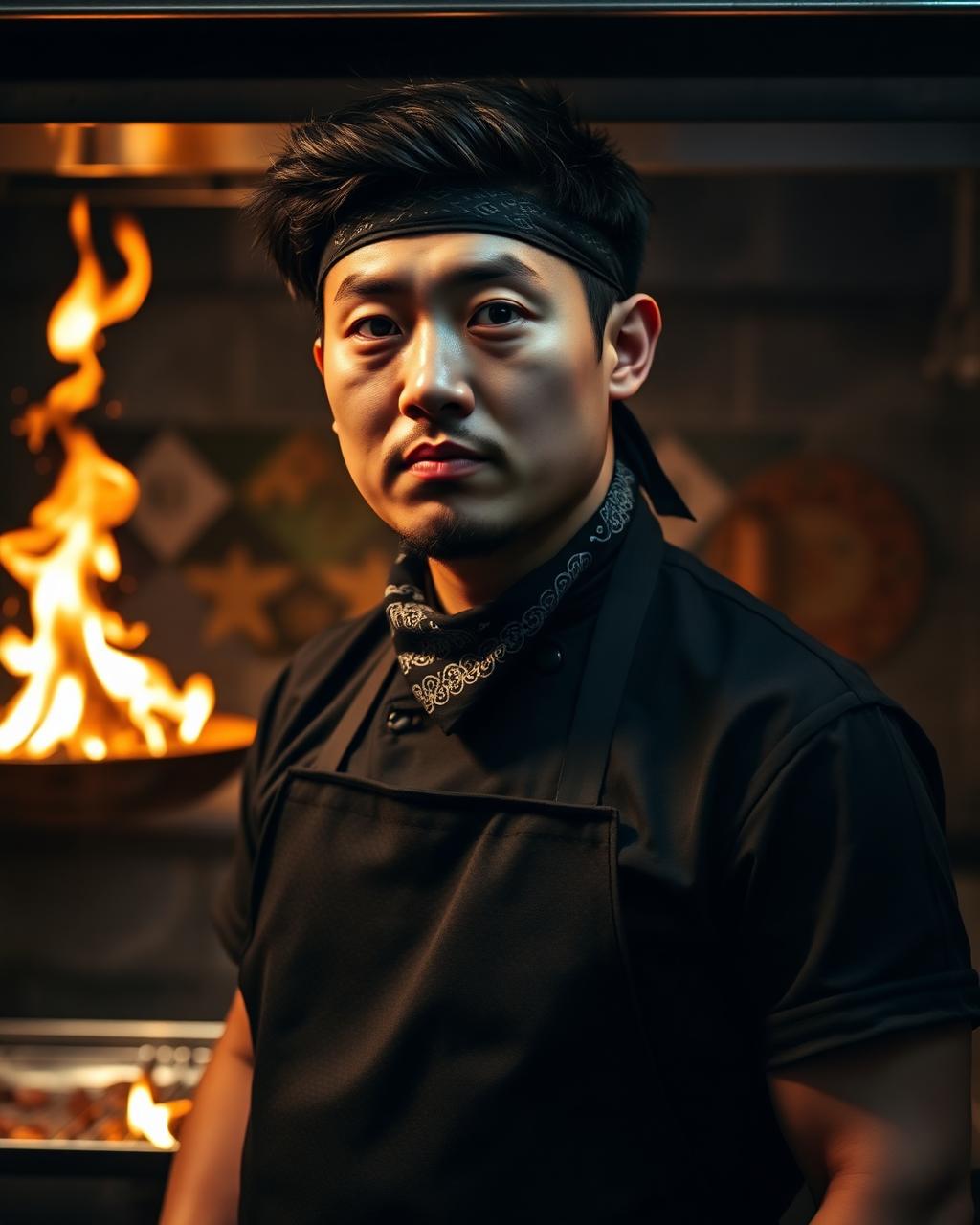 Chef behind the flaming grill