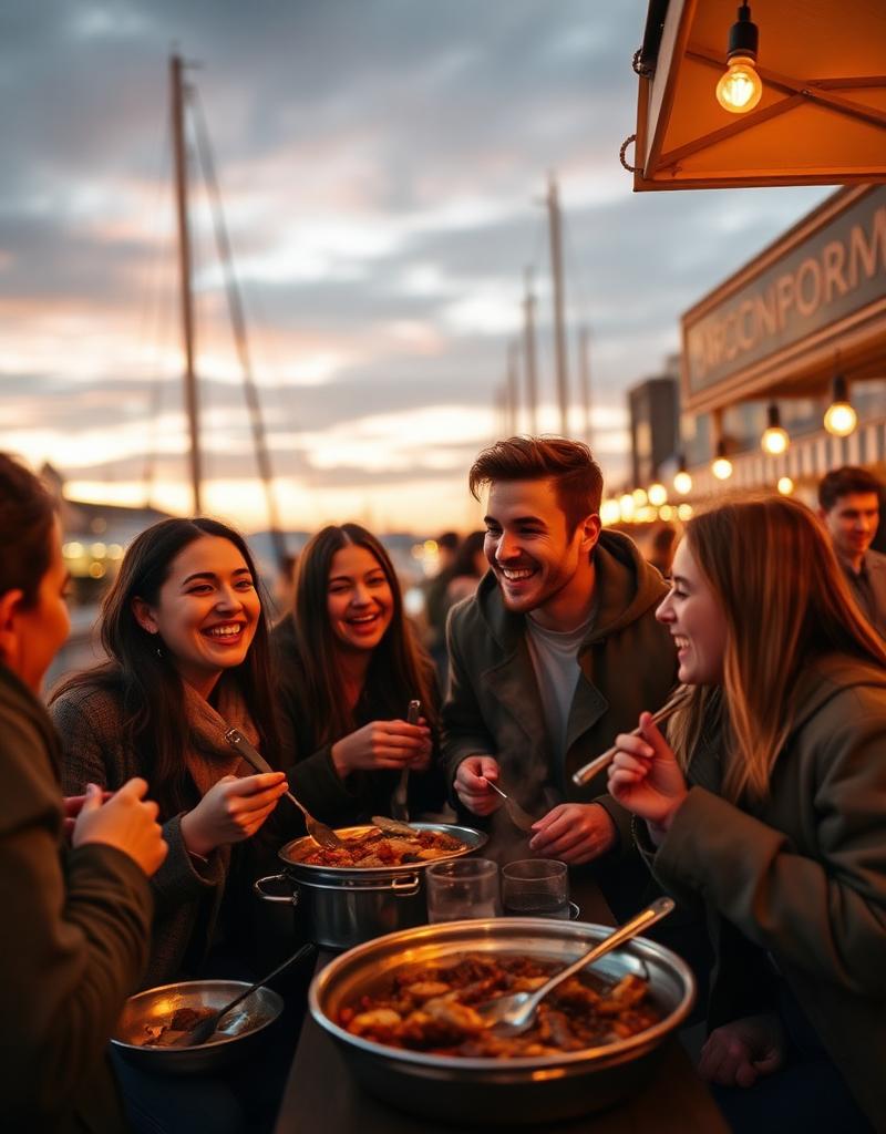 Friends eating at the harbor